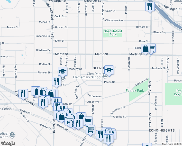 map of restaurants, bars, coffee shops, grocery stores, and more near 3517 Pioneer Street in Fort Worth