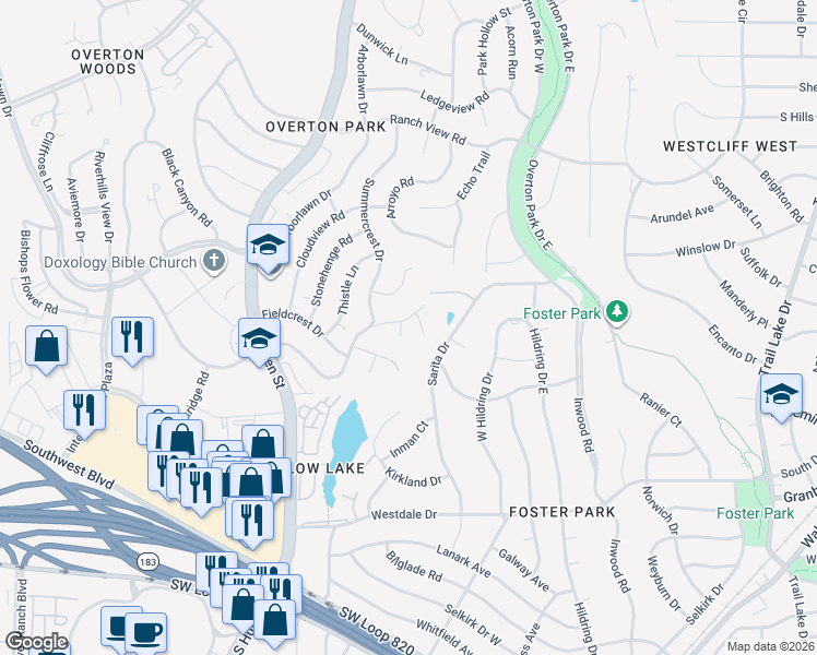 map of restaurants, bars, coffee shops, grocery stores, and more near 4001 Briarhaven Court in Fort Worth