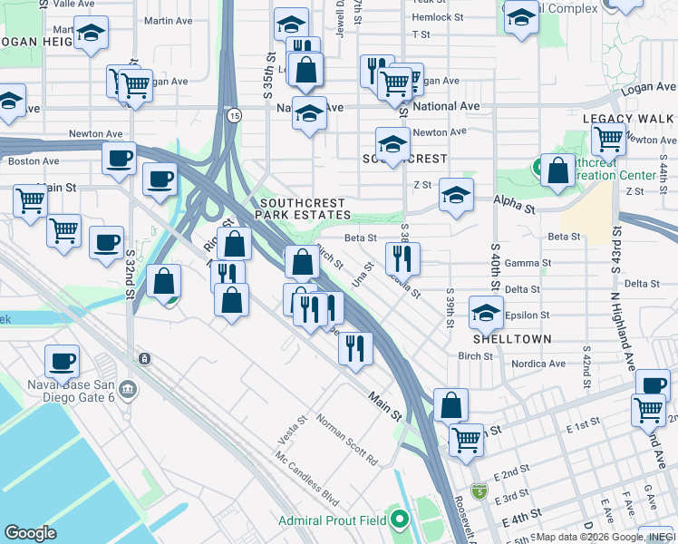 map of restaurants, bars, coffee shops, grocery stores, and more near 3649 Birch Street in San Diego