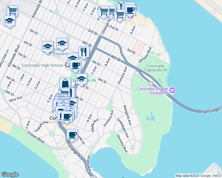 map of restaurants, bars, coffee shops, grocery stores, and more near 611 Adella Lane in Coronado