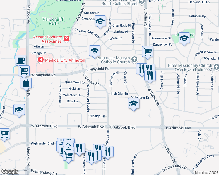 map of restaurants, bars, coffee shops, grocery stores, and more near 3425 Foxford Trail in Arlington