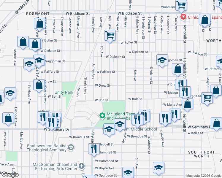 map of restaurants, bars, coffee shops, grocery stores, and more near 4009 Ryan Avenue in Fort Worth