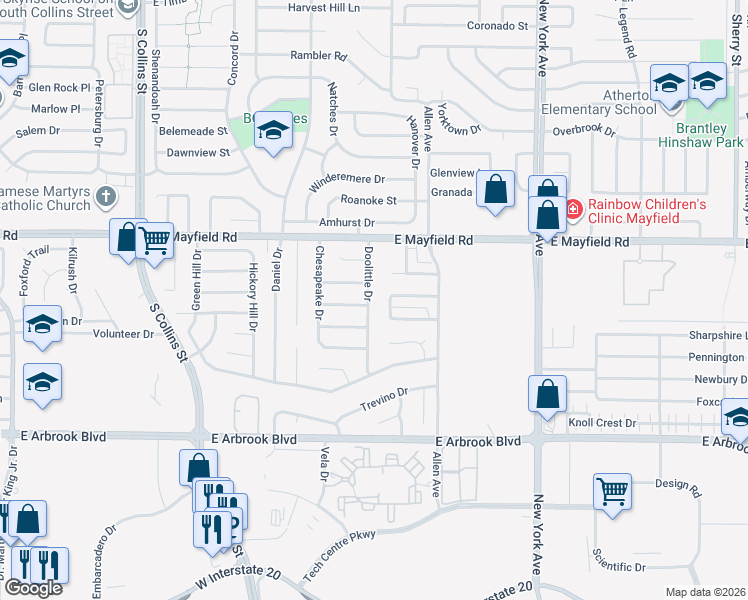 map of restaurants, bars, coffee shops, grocery stores, and more near 3427 Doolittle Drive in Arlington