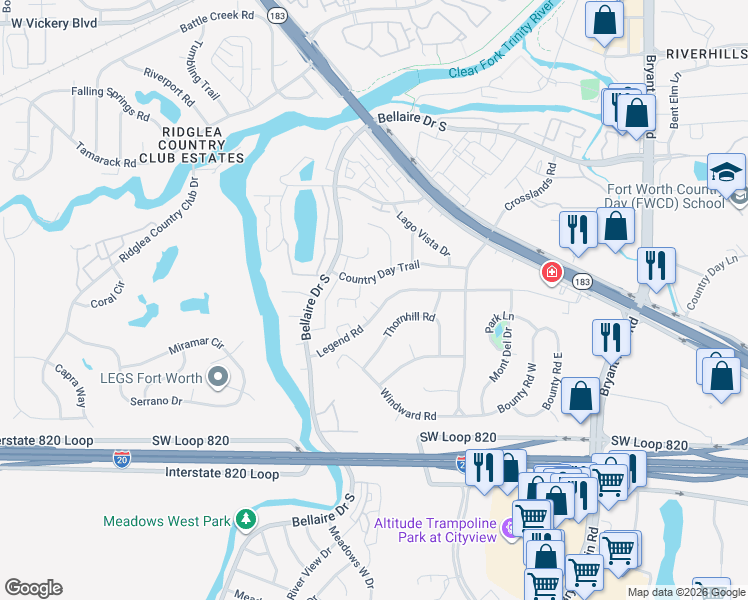 map of restaurants, bars, coffee shops, grocery stores, and more near 62 Legend Road in Benbrook