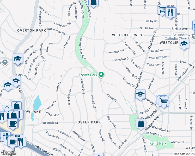 map of restaurants, bars, coffee shops, grocery stores, and more near 3932 Overton Park Drive West in Fort Worth
