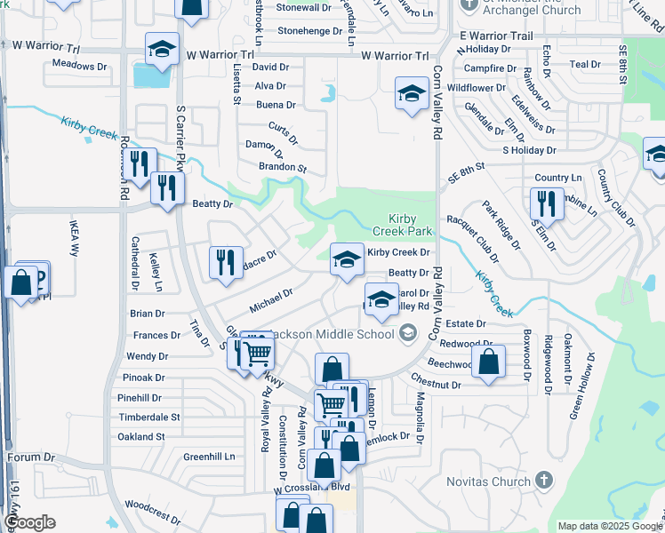 map of restaurants, bars, coffee shops, grocery stores, and more near 3313 Kirby Creek Drive in Grand Prairie