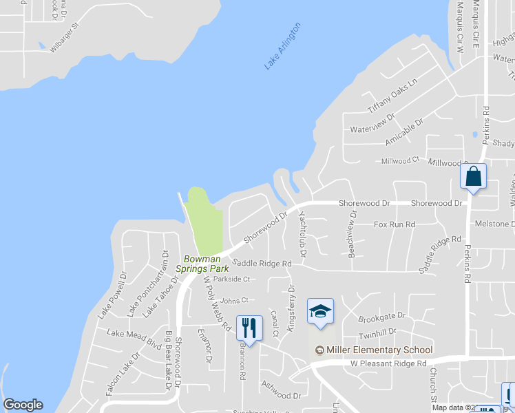 map of restaurants, bars, coffee shops, grocery stores, and more near 6605 Canalview Drive in Arlington