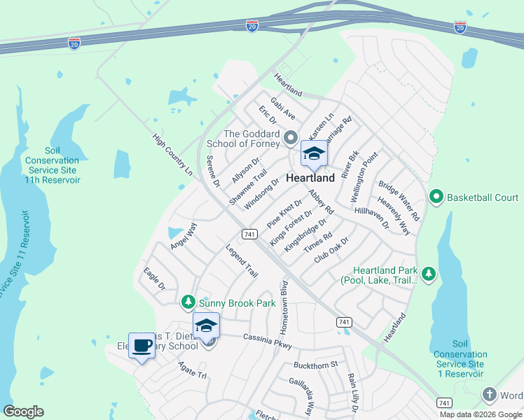 map of restaurants, bars, coffee shops, grocery stores, and more near 2017 Stagecoach Trail in Forney