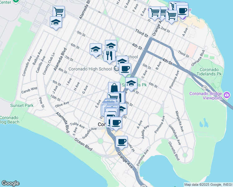 map of restaurants, bars, coffee shops, grocery stores, and more near 761 D Avenue in Coronado