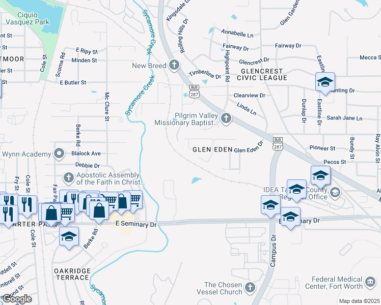 map of restaurants, bars, coffee shops, grocery stores, and more near 5141 Glen Eden Drive in Fort Worth