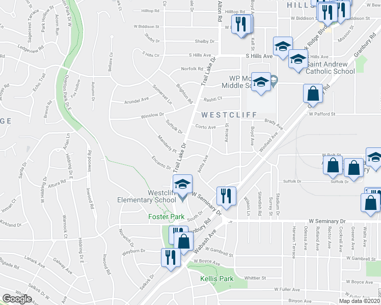 map of restaurants, bars, coffee shops, grocery stores, and more near 3560 Manderly Place in Fort Worth