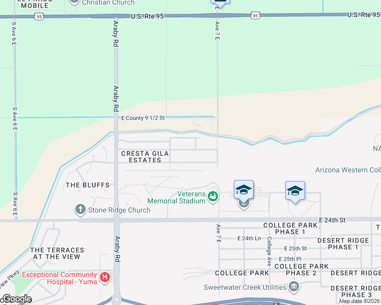 map of restaurants, bars, coffee shops, grocery stores, and more near 6833 East Mission Street in Yuma
