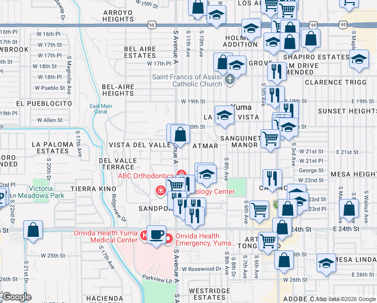 map of restaurants, bars, coffee shops, grocery stores, and more near 2050 South 10th Avenue in Yuma