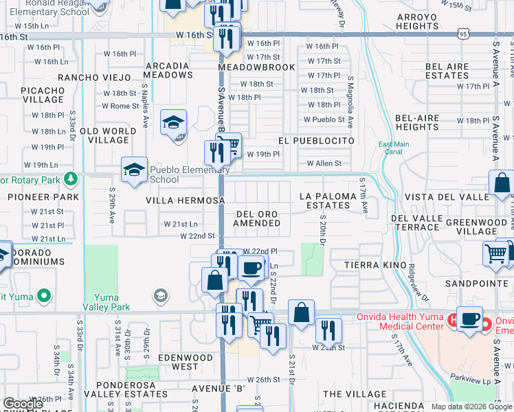 map of restaurants, bars, coffee shops, grocery stores, and more near 2251-2299 W Dos Pesos Ln in Yuma