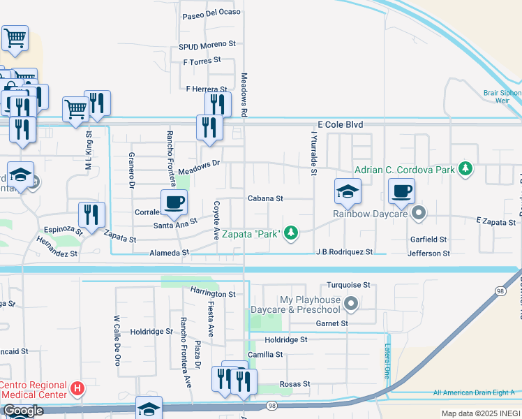 map of restaurants, bars, coffee shops, grocery stores, and more near 1107 J H Black Court in Calexico