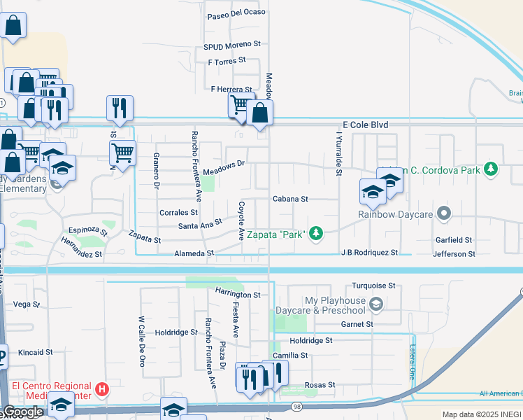 map of restaurants, bars, coffee shops, grocery stores, and more near 2121 Banda Avenue in Calexico