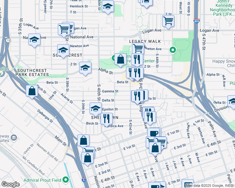 map of restaurants, bars, coffee shops, grocery stores, and more near 4143 Gamma Street in San Diego