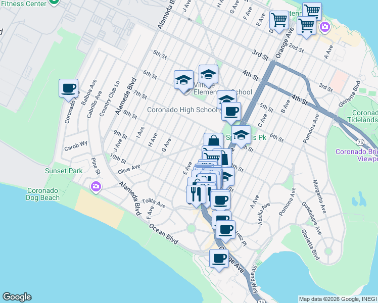 map of restaurants, bars, coffee shops, grocery stores, and more near 825 Olive Avenue in Coronado