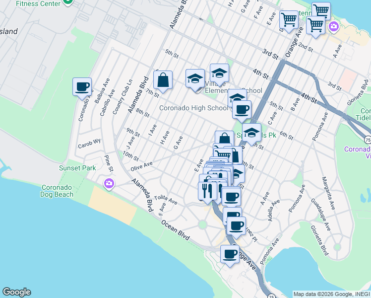 map of restaurants, bars, coffee shops, grocery stores, and more near 861 G Avenue in Coronado