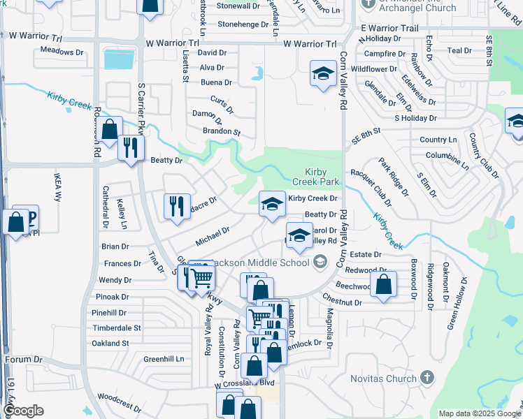 map of restaurants, bars, coffee shops, grocery stores, and more near 3313 Kirby Creek Drive in Grand Prairie