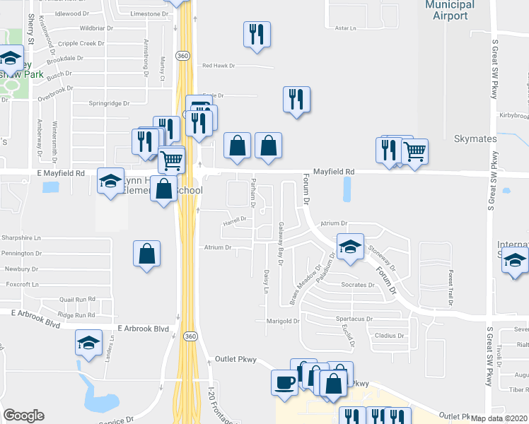 map of restaurants, bars, coffee shops, grocery stores, and more near 3099 Parham Drive in Grand Prairie