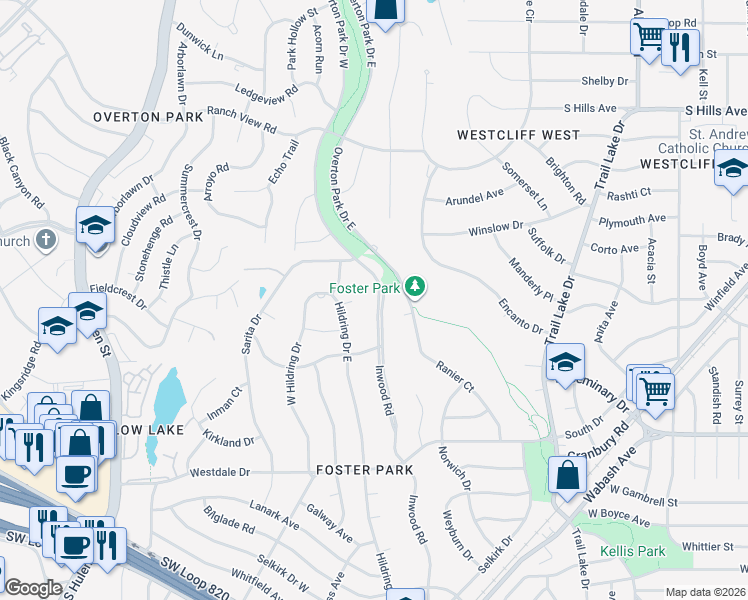 map of restaurants, bars, coffee shops, grocery stores, and more near 4000 Inwood Road in Fort Worth