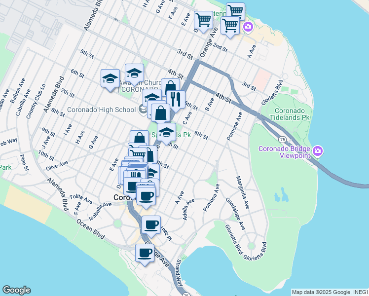 map of restaurants, bars, coffee shops, grocery stores, and more near 672 B Avenue in Coronado