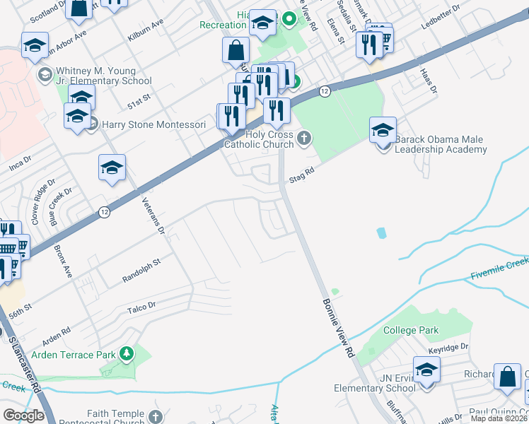 map of restaurants, bars, coffee shops, grocery stores, and more near 5108 Cardiff Street in Dallas
