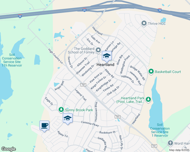 map of restaurants, bars, coffee shops, grocery stores, and more near 2027 Pine Knot Drive in Forney