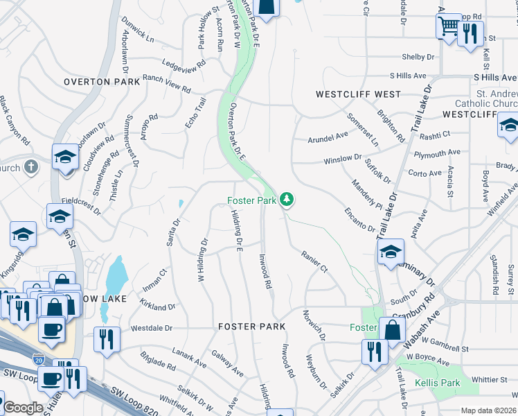 map of restaurants, bars, coffee shops, grocery stores, and more near 4000 Inwood Road in Fort Worth