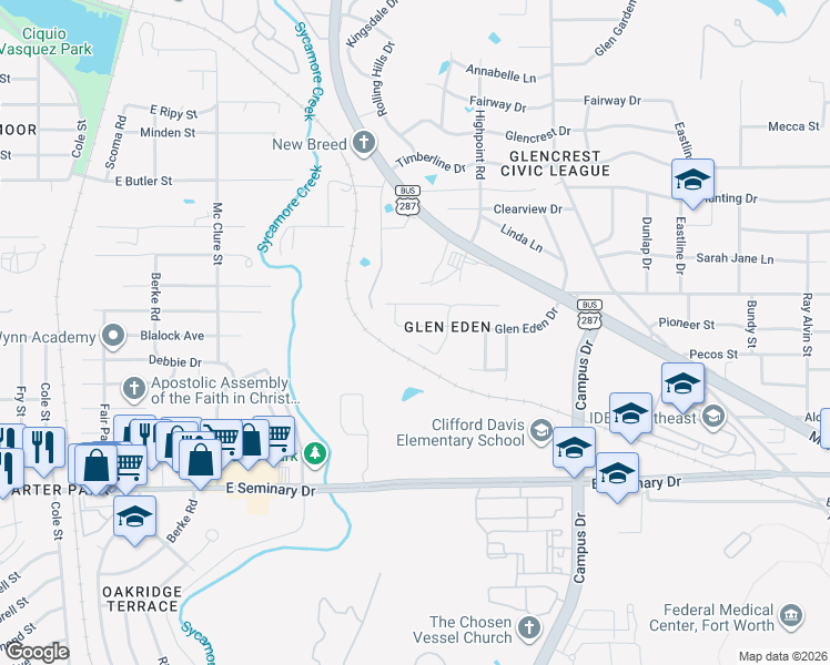 map of restaurants, bars, coffee shops, grocery stores, and more near 5125 Glen Eden Drive in Fort Worth