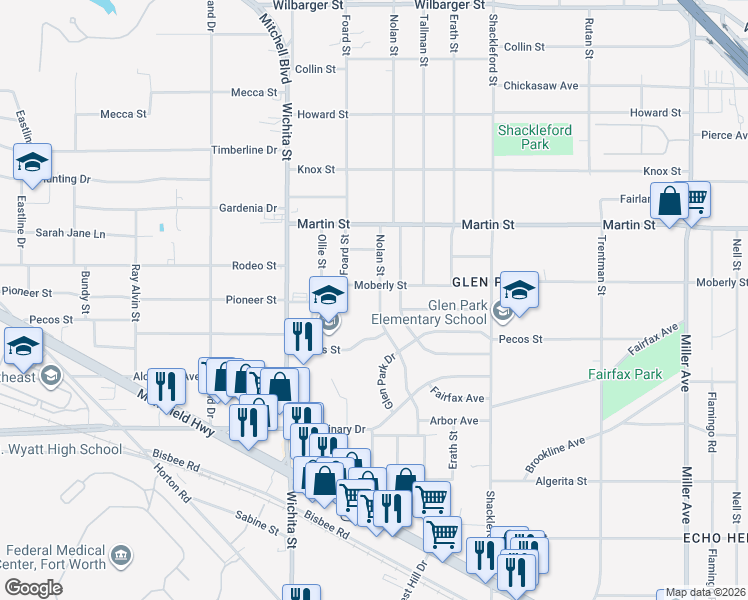map of restaurants, bars, coffee shops, grocery stores, and more near 4908 Nolan Street in Fort Worth