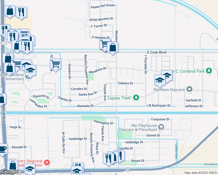 map of restaurants, bars, coffee shops, grocery stores, and more near 2121 Banda Ave in Calexico