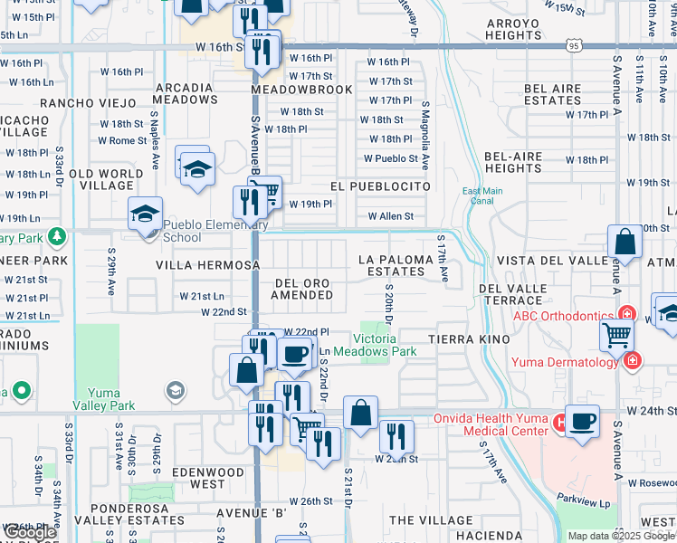 map of restaurants, bars, coffee shops, grocery stores, and more near 2121 West Dos Pesos Lane in Yuma