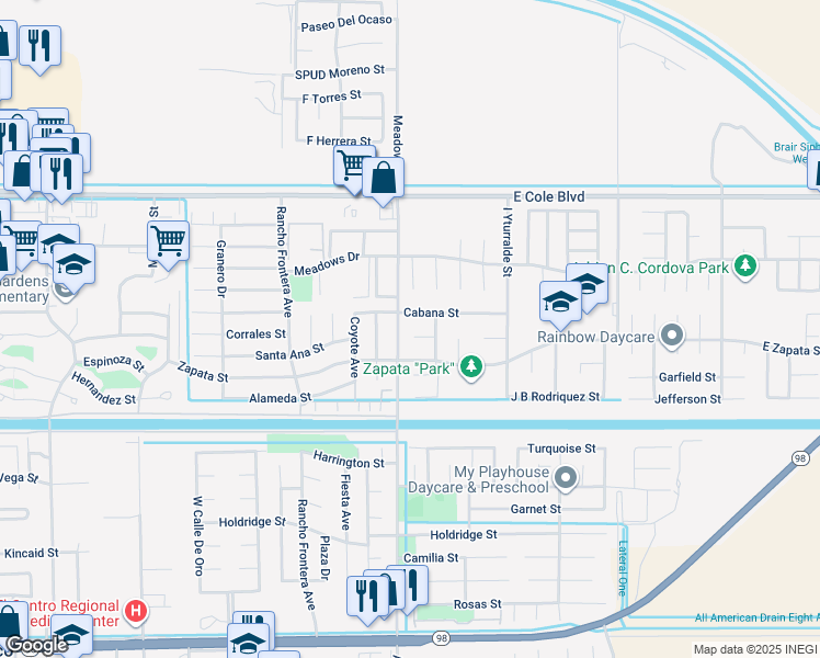 map of restaurants, bars, coffee shops, grocery stores, and more near 1107 J H Black Court in Calexico