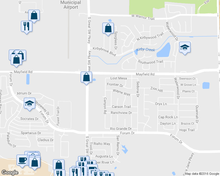 map of restaurants, bars, coffee shops, grocery stores, and more near 2508 Wayne Way in Grand Prairie