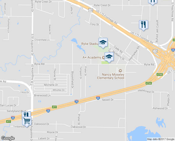 map of restaurants, bars, coffee shops, grocery stores, and more near 3 Prater Road in Dallas