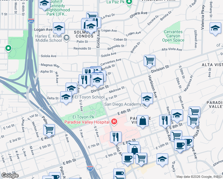 map of restaurants, bars, coffee shops, grocery stores, and more near 2525 Melrose Street in National City