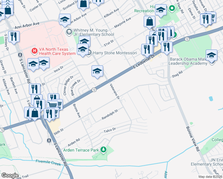 map of restaurants, bars, coffee shops, grocery stores, and more near 4927 Veterans Drive in Dallas