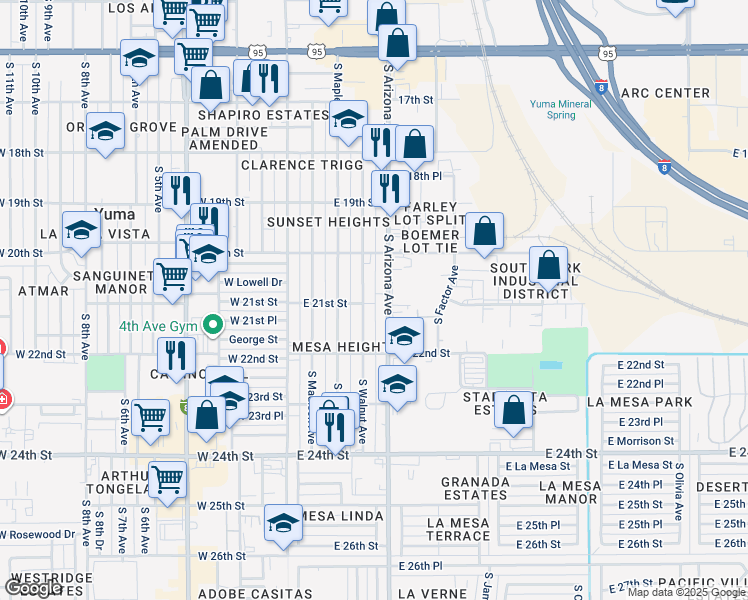 map of restaurants, bars, coffee shops, grocery stores, and more near 452 East 21st Street in Yuma