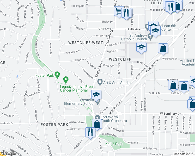 map of restaurants, bars, coffee shops, grocery stores, and more near 4127 Trail Lake Drive in Fort Worth