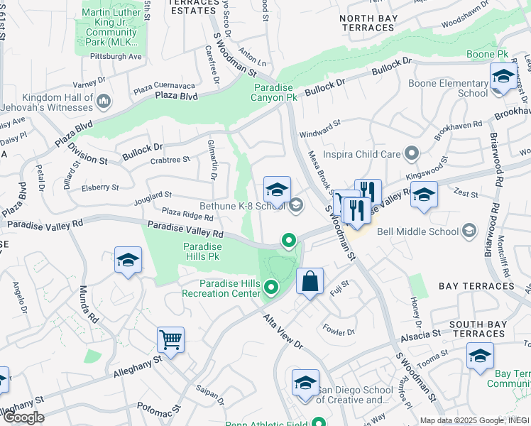map of restaurants, bars, coffee shops, grocery stores, and more near 1903 Parkland Way in San Diego