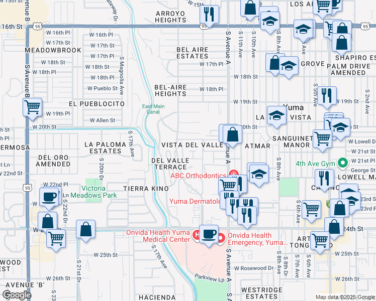 map of restaurants, bars, coffee shops, grocery stores, and more near 2045 South 14th Avenue in Yuma