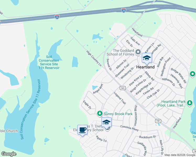 map of restaurants, bars, coffee shops, grocery stores, and more near 2004 Kickapoo Trail in Heartland