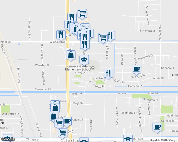map of restaurants, bars, coffee shops, grocery stores, and more near 2220 Rockwood Avenue in Calexico