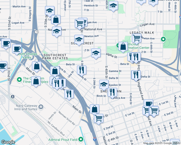 map of restaurants, bars, coffee shops, grocery stores, and more near 3863 Gamma Street in San Diego
