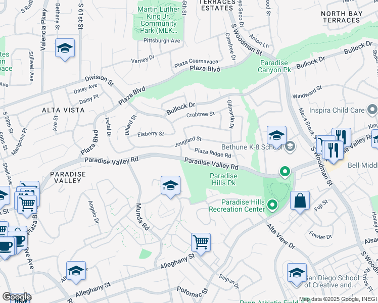 map of restaurants, bars, coffee shops, grocery stores, and more near 6411 Plaza Ridge Road in San Diego