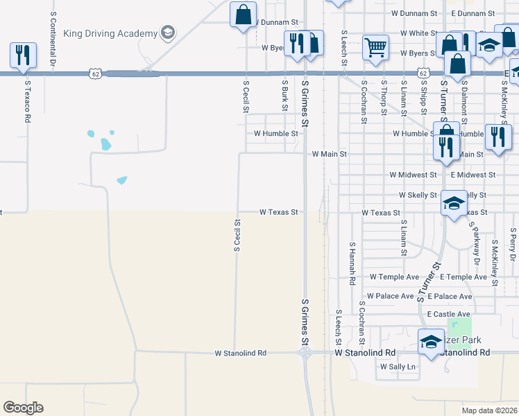 map of restaurants, bars, coffee shops, grocery stores, and more near 1004 West Texas Street in Hobbs