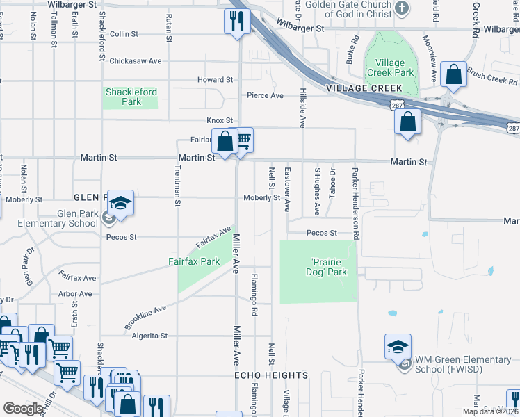 map of restaurants, bars, coffee shops, grocery stores, and more near 4909 Flamingo Road in Fort Worth