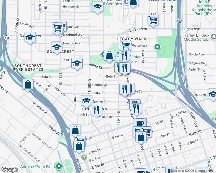 map of restaurants, bars, coffee shops, grocery stores, and more near 4123 Gamma Street in San Diego